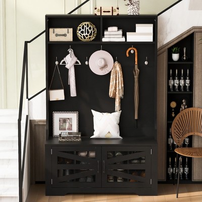 CLIHOME 43.3" Entryway Bench with Coat Rack, 3-in-1 Design Hall Tree with 7 Hooks and Adjustable Shelves