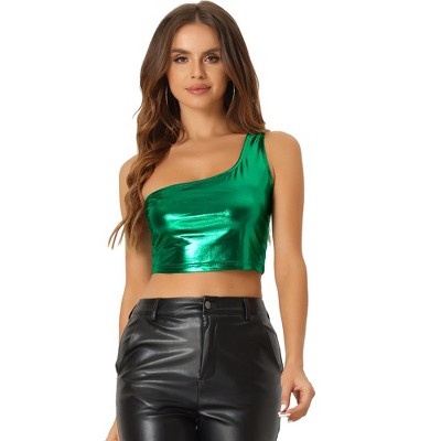 INSPIRE CHIC Women's Metallic Cropped One-Shoulder Party Cropped Holographic Tank Tops
