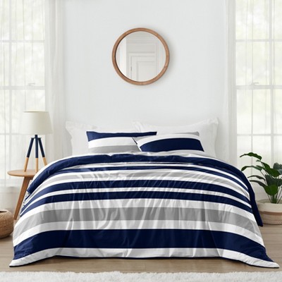 Sweet Jojo Designs Boy Full/Queen Comforter Bedding Set Stripe Blue Grey and White 3pc.