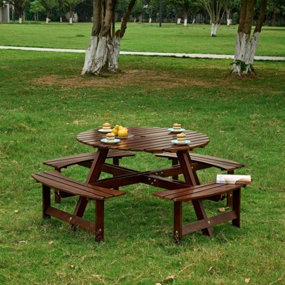 Gulches Outdoor 8 Person Picnic Table 8 person Round Picnic Table with 4 Built-in Benches