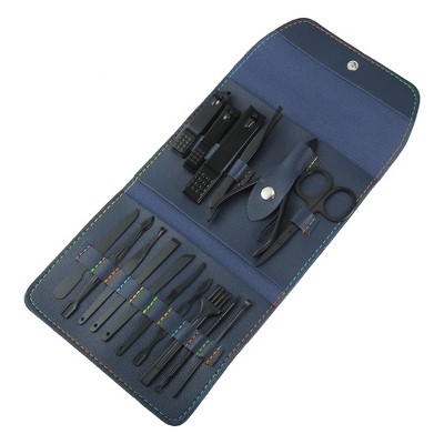 Unique Bargains Manicure Set with PU Leather Case Personal Care Tool Kits Stainless Steel Pedicure Set Blue Black 16pcs