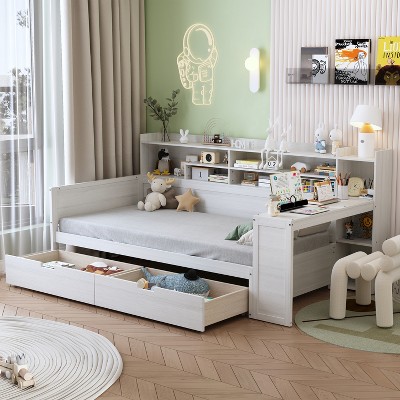 Twin/Full Size Wooden Daybed with Storage Shelves, Multi-Functional Bed with 2 Storage Drawers and Study Desk - ModernLuxe