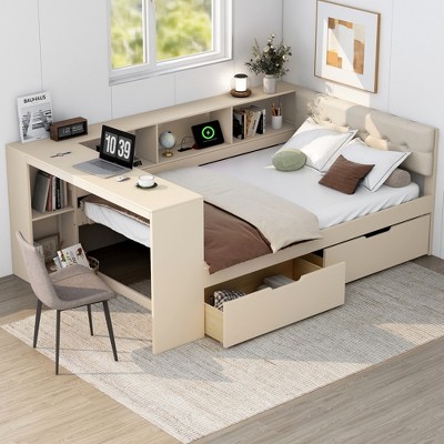 Twin/Full Size Platform Bed with Storage Shelves, Drawers, Charging Station, Upholstered Headboard and Desk, Cream/Gray-ModernLuxe