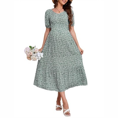 BLUEMING Womens Maternity Dress Puff Short Sleeve Square Neck Flowy Boho Midi Dress for Baby Shower Photoshoot
