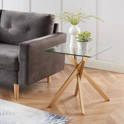 Probe Hues Modern Glass Side Table with Tempered Top and Metal Legs for Living Room