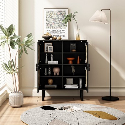 4-Doors Rattan Mesh Storage Cabinet, Accent Cabinet , Buffet Cabinet Storage, Sideboard with Eight Storage Spaces, for Entryway, Living Room, Hallway