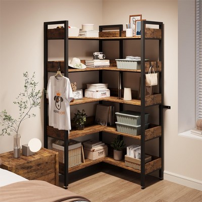 5-Tier Convertible Corner Bookshelf, Two Splicing Modes Retro Corner Bookcase with Storage Shelves, Heavy Duty L Shaped Display Storage Shelf