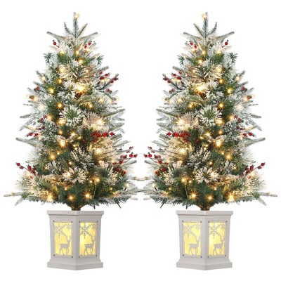 3FT Pre-Lit Artificial Christmas Tree Tabletop with 78 Warm White Lights, Flocked Potted Christmas Tree, Battery Operated, for Front Door, Porch