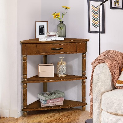 Lyngins 3-Tier Triangle Corner End Table, Waterproof Wood Veneer Top, Solid Wood Legs, Small Side Table for Living Room, Space-Saving Corner Table