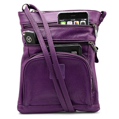 Steeltime Adult genuine leather crossbody 5 zipper Serenity bag. Color Options: Black, Dark Brown, Light Brown, Navy, Teal, Purple, Red