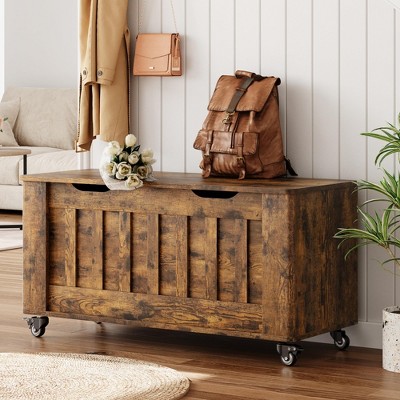 Storage Chest, Wooden Storage Bench with 4 Wheels, 39.4" Storage Trunk with 2 Safety Hinges, Round Corner, U-Shape Cutout, for Entryway, Living Room