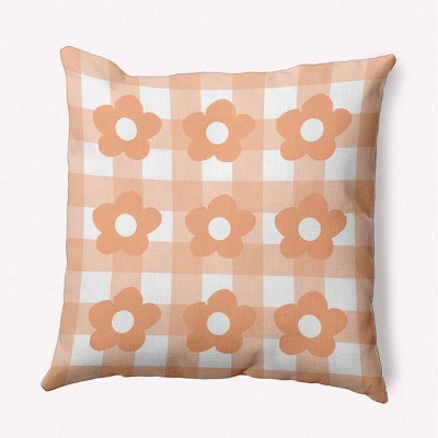 16"x16" Spring Flowers on Gingham Square Throw Pillow Orange - e by design: Indoor Polyester Twill, Sewn Seam Closure