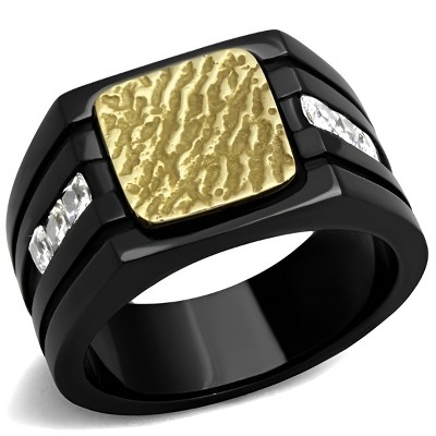 Slickblue Men’s Two-Tone Ring – Black Band with Gold Square Center & CZ Accents, Stainless Steel, Sizes 8 to 13