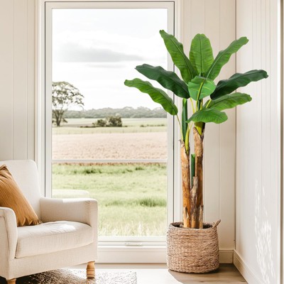 Artificial Banana Tree, 5-7FT Faux Banana Tree with Grey Planter, Artificial Plants with 21 Faux Banana Leaves Plant for Home Office Decor