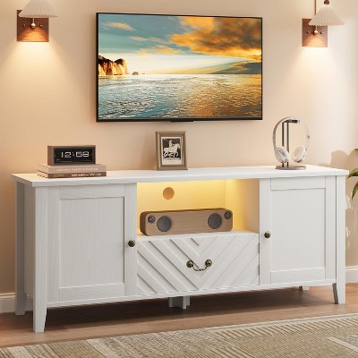 COUCHETA 65" Retro TV Stand with LED Lights - White Entertainment Center with 2 Cabinets & Drawer, V-Shaped Design(white)