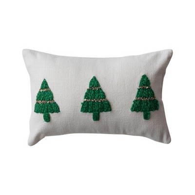 Storied Home Cotton Slub Lumbar Pillow with Embroidered Christmas Trees and Beads, Natural and Green