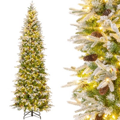 Costway 6/7.5/9 FT Flocked Christmas Tree with 671/913/1310 PE PVC Branch Tips 280/350/470 Warm White LED Lights