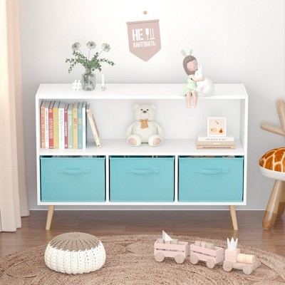 PDTEND 23.62 in. Kids bookcase with Collapsible Fabric Drawers, Toy Storage Cabinet Organizer