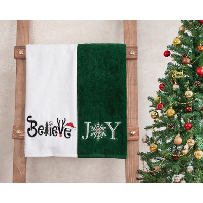 American Soft Linen Christmas Towels Bathroom Set, 2 Packed Embroidered Decorative 100% Cotton Hand Towels, Dish Towels for Decor Xmas