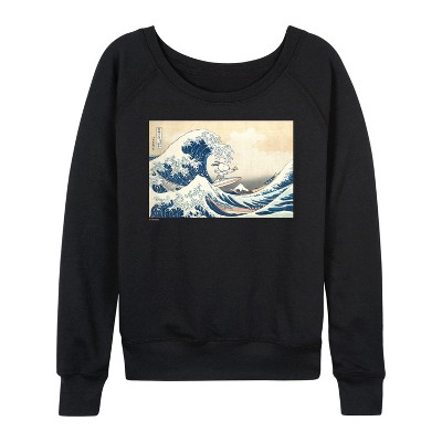 Women's - Peanuts - Snoopy Great Wave Lightweight French Terry Wide Neck Long Sleeve Graphic Shirt