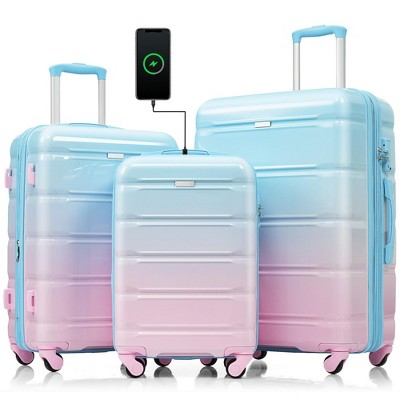 NAYSAYE Luggage 3 Piece Set Carry-on Suitcase with USB Port Spinner Wheels Durable Hard Shell for Travel, Blue and Pink, 19.2"*11.6"*28.4"