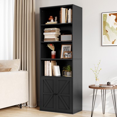 71.4" Tall Farmhouse 6-Shelf Wooden Bookcase with Doors, Industrial Display Storage for Bedroom, Living Room & Office