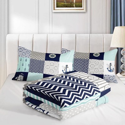 Luupatchy 3Pcs Ocean Plaid Patchwork Comforter Set, With 1 Comforter And 2 Pillowcases For Boys And Girls Bedroom All Season