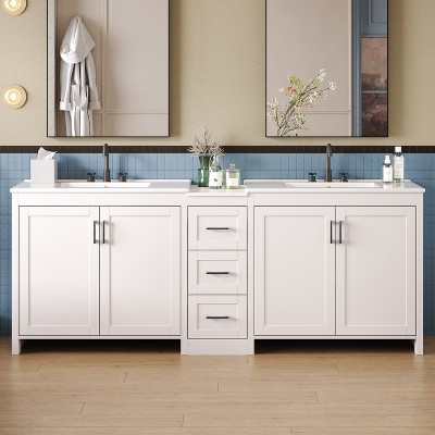 Christopher Knight Home Lucian Modern 84" Double-Sink Bathroom Vanity with Ceramic Sinks, 3 Drawers and Adjustable Shelves