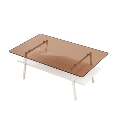 CAVINAS 38.6 Inch Modern Rectangle Coffee Table for Living Room,Side Center Table with Brown Tempered Glass Tabletop and Storage Shelf