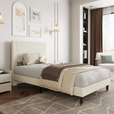 Twin Platform Bed Frame with Upholstered Headboard, Modern Design, Strong Metal Slats Support, No Box Spring Required, Easy to Assemble