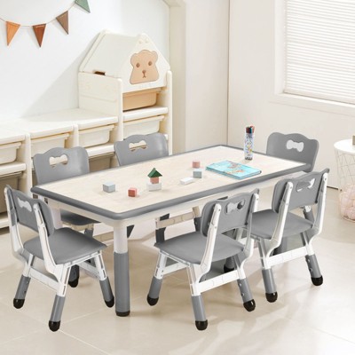 Kids Table and Chairs Set, Toddler Height Adjustable Desk with Graffiti Desktop, 6 Seats