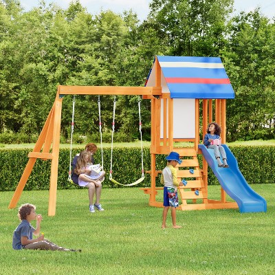 ELJGET Wooden Swing Set with Wave Slide, Rock Wall Ladder, Belt Swings, Canopy Roof, Outdoor Playset for Garden, Backyard and Playground, Blue