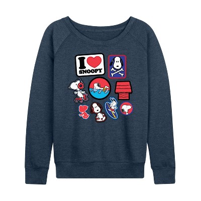 Women's - Peanuts - I Heart Snoopy Patches Lightweight French Terry Wide Neck Long Sleeve Graphic Shirt