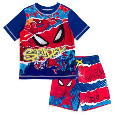 Spider-Man Marvel Raglan Rash Guard UPF 50+ Swim Trunks Outfit Set Toddler