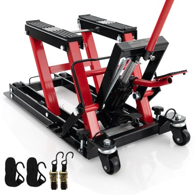 Costway 1500 LBS Motorcycle Lift Jack, Hydraulic Motorcycle Hoist w/ 4 Wheels Footplates Red/Black