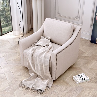 CAVINAS Accent Chairs for Bedroom, 360 Degree Swivel Armchair Cotton Linen Skin-friendly Fabric Ergonomic Design Brass Nail Decorative Armchair