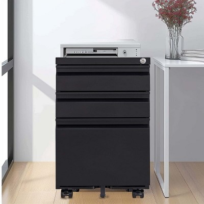3 Drawer Mobile File Cabinet with Lock, Fully Assembled Metal Filing Cabinet on Wheels for Home Office, Fits Legal/Letter/A4 Files-The Pop Home