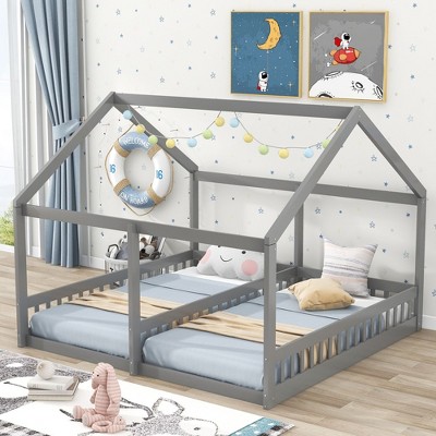 CAVINAS Double Floor Bed Twin Size Modern House-Shaped Pine Bed Frame with 2 Beds Side by Side and Guardrails for Bedroom