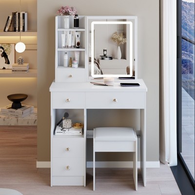 Accent Vanity Table Modern with LED Light Mirror and Cushioned Stool for Small Bedroom - 29.2"W - 3irtyhousy