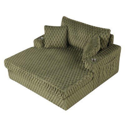 CLIHOME Chenille Chaise Lounge with Soft Cushion Back, Dual Track Arms and Built-in Cup Holders