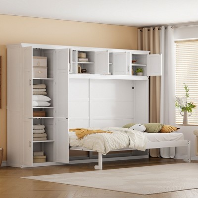 TIRAMISUBEST Queen Size Murphy Bed Wall Bed with Storage Cabinets, Space Saving Folding Murphy Cabinet Bed with Storage Shelves