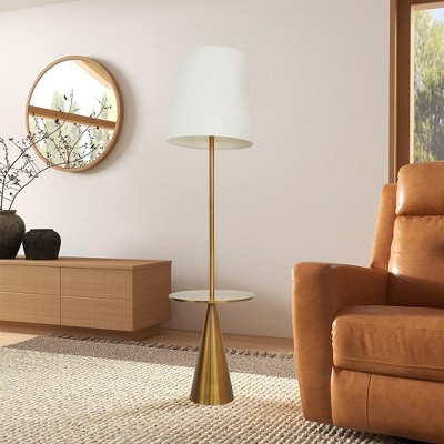 Modern Brass Floor Lamp with Side Table & Large White Shade