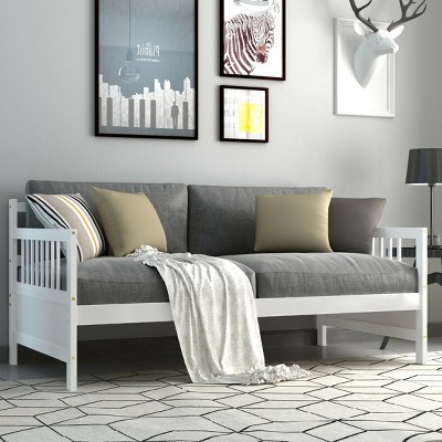 Costway Twin Size Wooden Slats Daybed Bed Sofa Support Platform Sturdy W/Rails White/Cherry