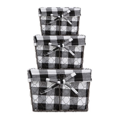 Asst Vintage Grey Chicken Wire Black White Check Liner Basket Set/3