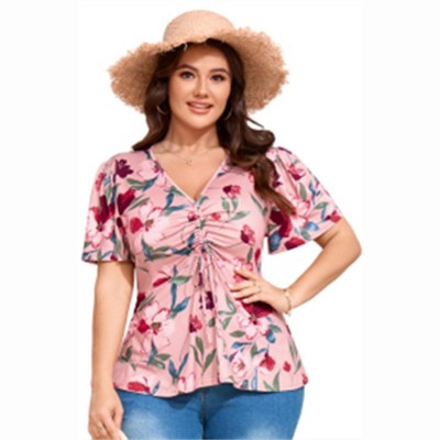 Clearlove Women's Plus Size Shirts V Neck Casual Tunic Tops Short Sleeve Floral Swing Blouse