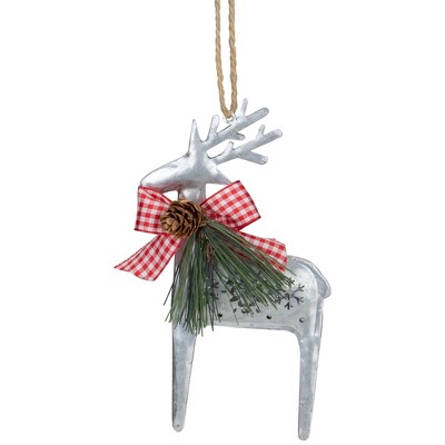 Northlight Reindeer with Pine  and Gingham Bowtie Christmas Ornament- 6.25" - Silver and Red
