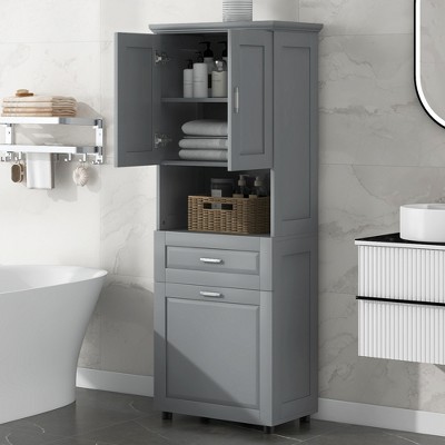 TiramisuBest Tall Bathroom Cabinet with Laundry Basket, Large Storage Space Tilt-Out Laundry Hamper and Upper Storage Cabinet, Grey