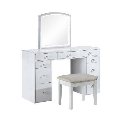 3pc Prudence Vanity Set with Stool White - HOMES: Inside + Out: Makeup Desk, Dressing Table with Integrated LED Mirror