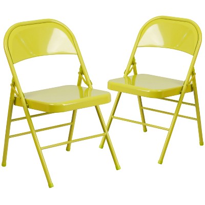 Emma and Oliver 2 Pack Twisted Citron Triple Braced & Double Hinged Metal Folding Chair