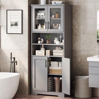 Coolmee 67 inch Tall Storage Cabinet, Bathroom Cabinet with 4 Doors and Adjustable Shelves, Kitchen Pantry Cabinets, Cupboard for Living Dining
